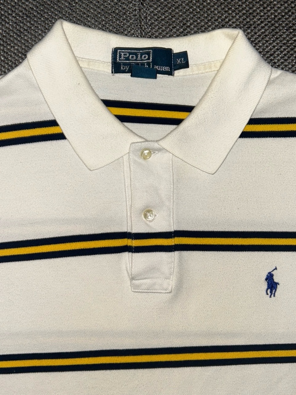 90s Polo Ralph Lauren Polo Shirt in White with Navy & Yellow Stripes